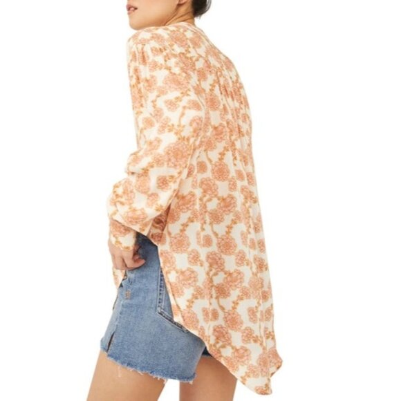 FREE PEOPLE Mia Tunic Top Sz M Pink Beige Floral VNeck Tie Front Viscose Woven - Picture 11 of 16